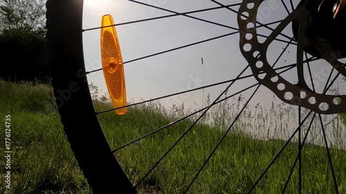 landscape of a field at sunrise through a bicycle wheel. bicycle wheel against the sun. sun glare in a reflector on the wheel. morning landscape. Bike ride in the park. Bike trip