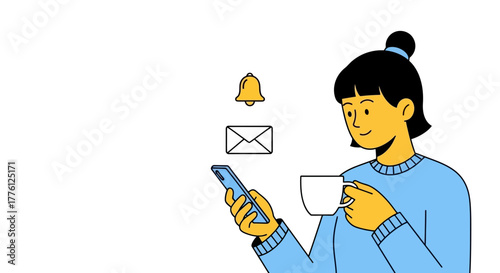 Woman with phone and coffee cup receiving notifications, email and bell icon.