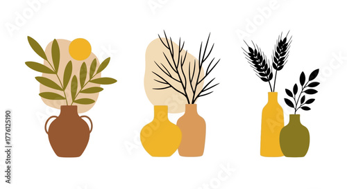 Three minimalist botanical illustrations featuring vases with plants and wheat on a white background.