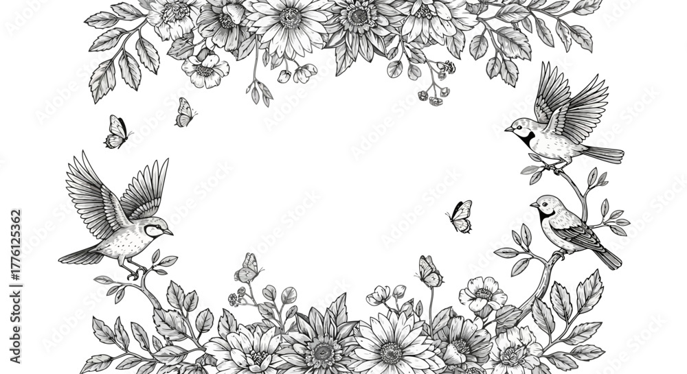 Fototapeta premium Detailed black and white drawing of birds, butterflies, and flowers in a frame.