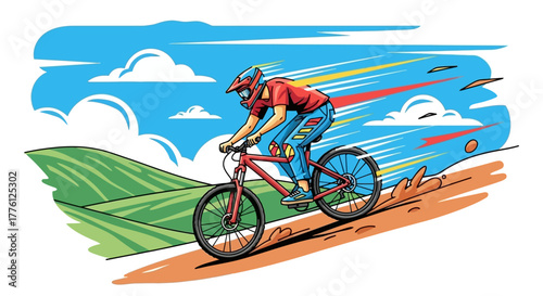 Illustration of a mountain biker riding downhill on a dirt track with green hills and a blue sky in the background.