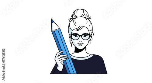 Illustration of a woman holding a large blue pencil, wearing glasses and a bun hairstyle.