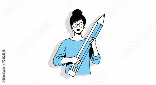 Illustration of a woman with glasses holding a large pencil, wearing a blue sweater, with a bun hairstyle.