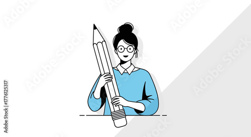 Illustration of a woman with glasses holding a large pencil, symbolizing creativity and writing.