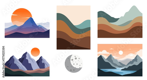 A collection of minimalist landscape illustrations featuring mountains, sun, moon, and layered terrains in various color palettes.
