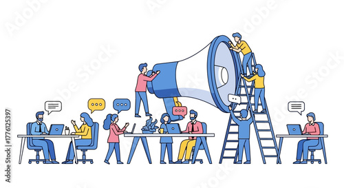 Teamwork and communication: People working together with a megaphone to amplify their message.