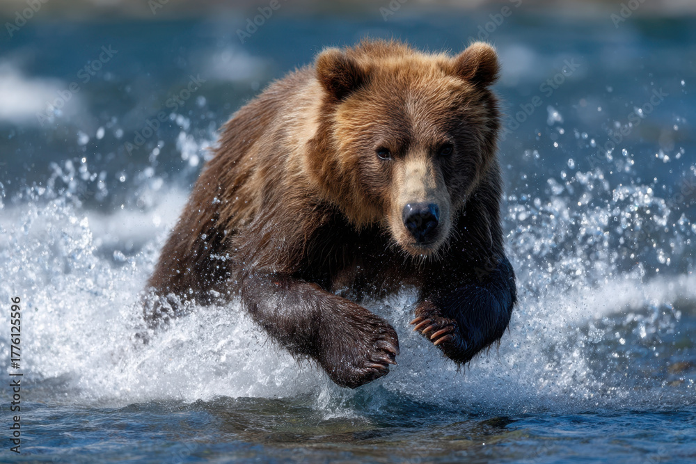 Fototapeta premium Brown bear leaps through water while chasing fish in a river during sunny daytime
