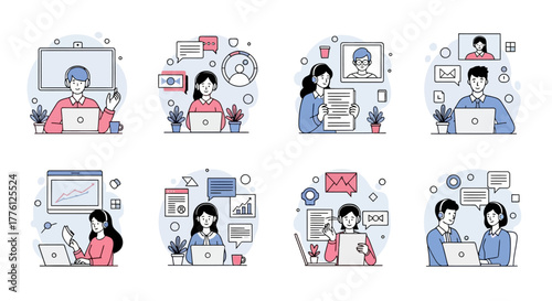 Set of illustrations depicting people working remotely on laptops, communicating through video calls and messages.
