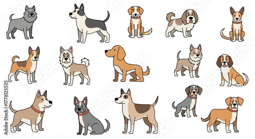 Collection of cartoon dog breeds in various poses and colors, isolated on white.