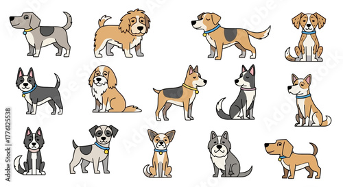 Collection of cartoon dogs with various breeds and coat colors, standing and sitting.