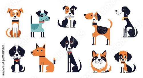 Cartoon dogs collection: A set of ten stylized dogs in various poses and colors, showcasing different breeds and expressions.