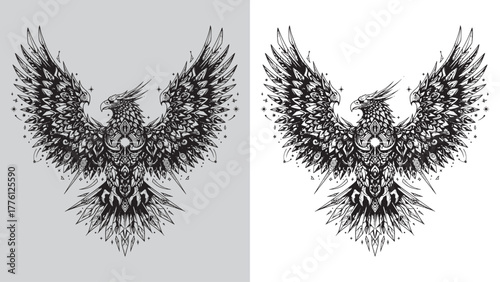 Detailed Engraving of a Mythological Phoenix Eagle with Ornate Geometric and Crystal Patterns