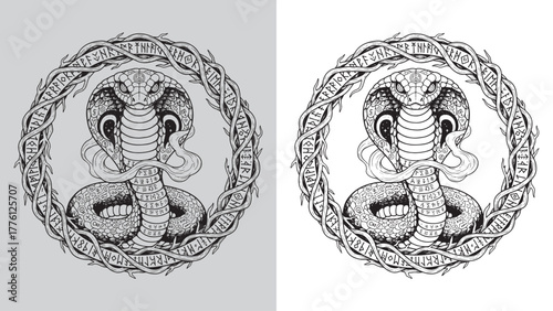 Striking King Cobra Surrounded by a Circular Barbed Vine and Runic Alphabet Frame
