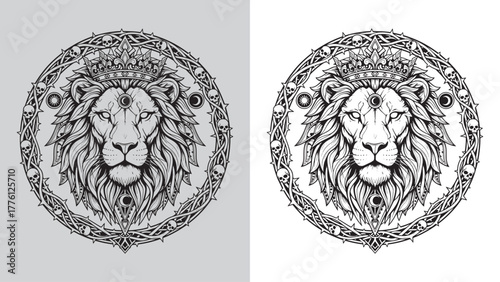 Mystical Lion King Head with Sun and Moon Symbols in a Barbed Skull and Vine Frame