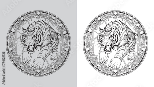 Ferocious Armored Tiger Leaping in a Circle Frame of Skulls and Barbed Vines