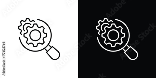 magnifier gear optimization icon. thin line design symbolizing analysis, system diagnostics, process research, and technology improvement. vector illustration