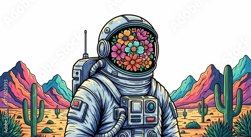 An astronaut stands in a desert landscape, his helmet filled with colorful flowers, creating a surreal and vibrant scene.