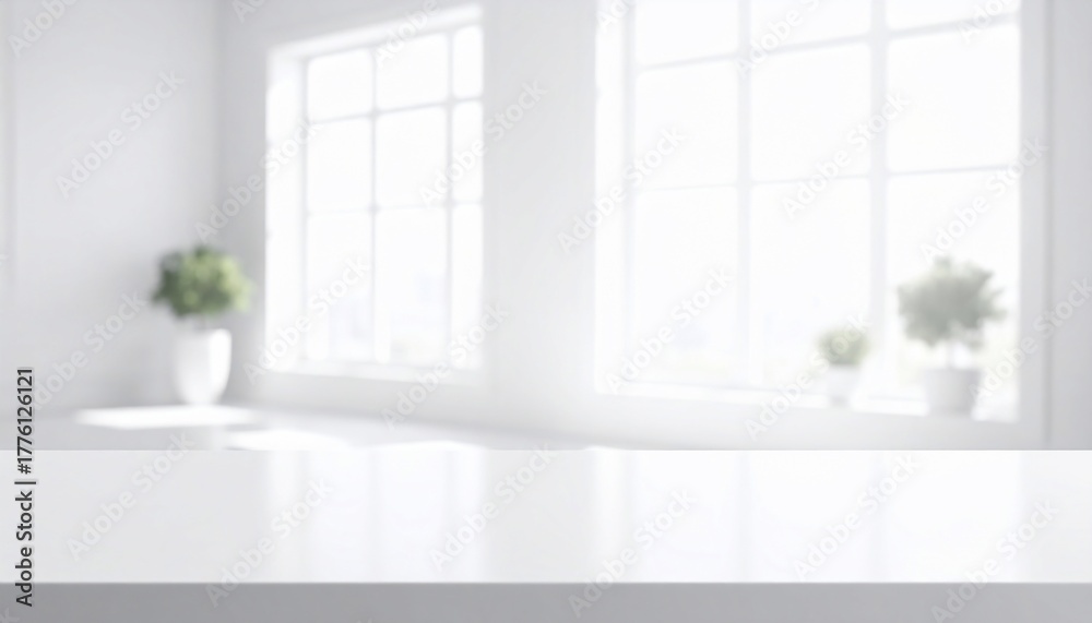 Fototapeta premium White room with windows, plants and a clear table, soft light and interior design.