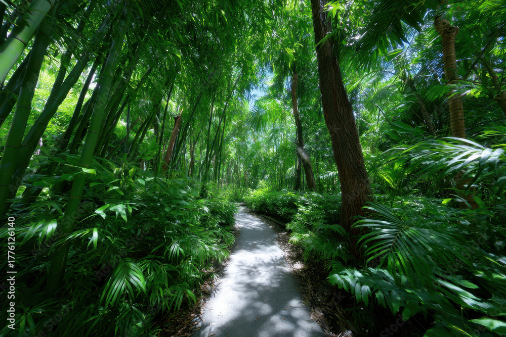 Fototapeta premium Tranquil bamboo pathway surrounded by lush greenery in a tropical forest