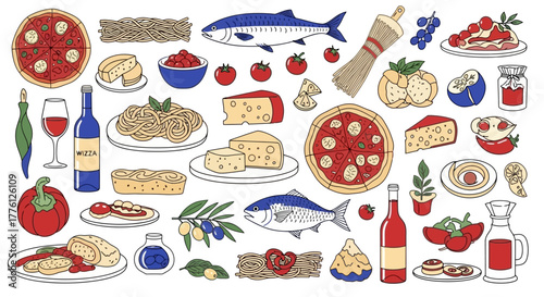 Hand-drawn illustration of Italian cuisine, featuring pizza, pasta, cheese, fish, tomatoes, wine, and olive oil.