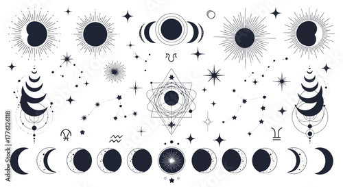 Detailed illustration of celestial bodies, stars, and moon phases in black and white.