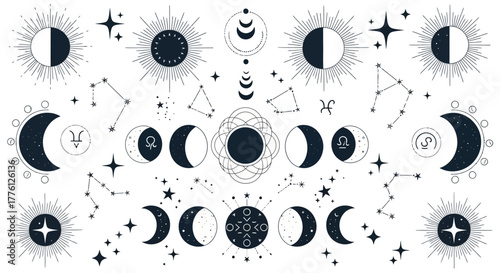 Celestial illustration featuring moon phases, constellations, stars, and suns in a detailed, mystical design.