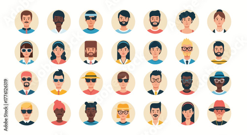 Diverse collection of cartoon avatar portraits, each with unique features and expressions, set against a clean white background.