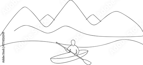 Person kayaking on water with abstract mountains in background