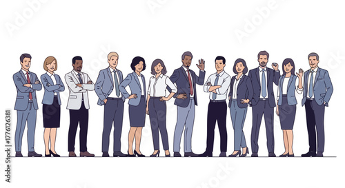 Diverse group of business people standing together in a row, illustration.