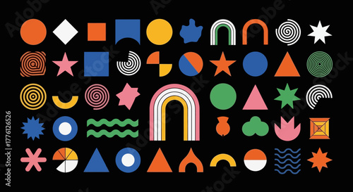 Geometric shapes in a colorful and playful arrangement on a black background.