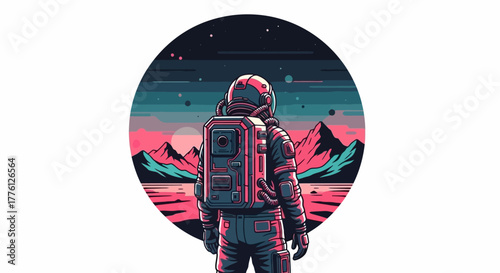 An astronaut stands on an alien planet, gazing at the landscape with mountains and a colorful sky.
