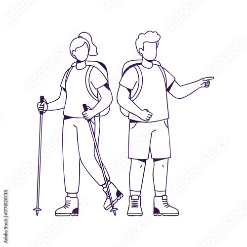 Hiking Couple – Outdoor Adventure Line Drawing