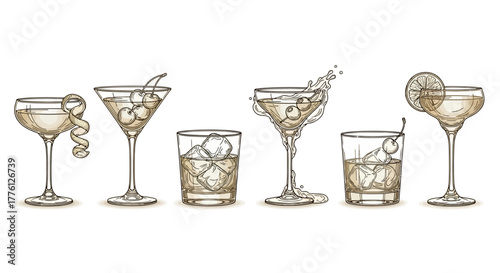 Illustration of six different cocktails in various glasses, each garnished differently, on a white background.