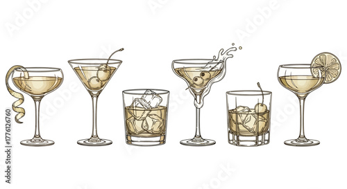 Illustration of various cocktails in different glasses, garnished with cherries, lemon peel, and lime.