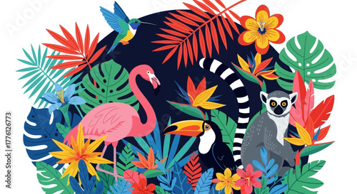 Vibrant illustration of a tropical scene with a flamingo, toucan, lemur, and various colorful plants and flowers.