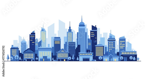 Illustration of a city skyline with various buildings and skyscrapers in shades of blue on a white background.