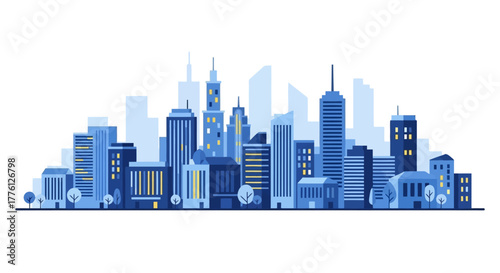 Illustration of a city skyline with various buildings and skyscrapers in shades of blue.