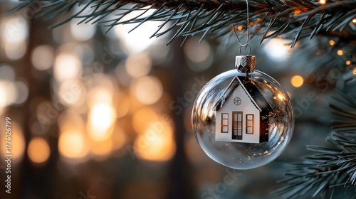 Christmas transparent glass ball ornament hanging on a snowy fir branch. Showing a cozy miniature white house with glowing windows and snow-covered trees