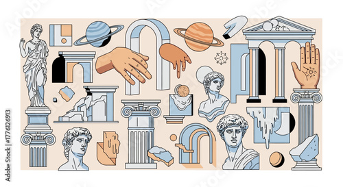 A collage of classical art elements, including statues, columns, hands, planets, and architectural fragments, in a modern, stylized illustration.
