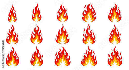 Fifteen cartoon flames arranged in a grid pattern on a white background.