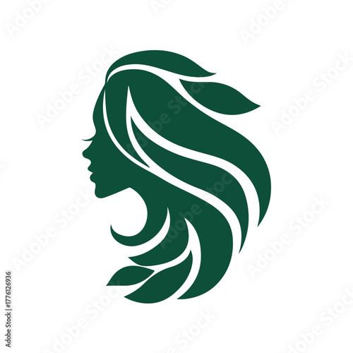 Sophisticated green flowing hair silhouette representing beauty salon hair care or natural organic cosmetics brand logo design