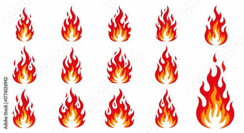 Collection of cartoon flame illustrations in various shapes and sizes.