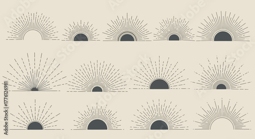 Collection of sunburst and sunrise graphic elements in beige and gray.