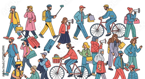 Diverse group of people walking, biking, and using technology in a vibrant illustration.