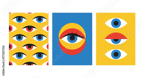 Three eye-themed graphic designs with colorful backgrounds and stylized eye illustrations.
