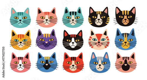 Collection of colorful cat faces with different patterns and colors, cartoon style.