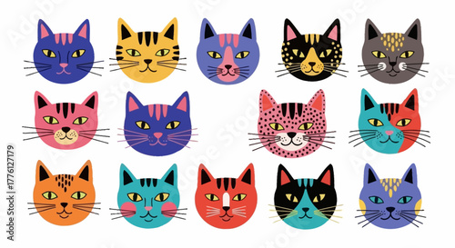 Colorful illustration featuring an array of whimsical cat faces with varied patterns and expressions.