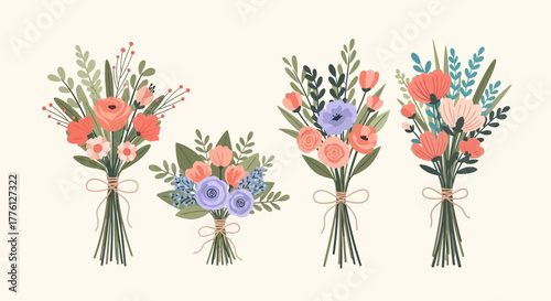 Four bouquets of flowers tied with twine, featuring various colors and arrangements.