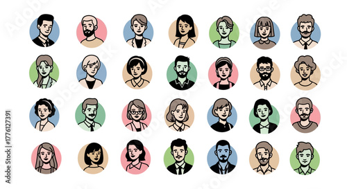 A collection of diverse avatar portraits in circular frames, showcasing a variety of hairstyles, facial features, and clothing styles.
