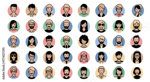 A diverse collection of illustrated avatar portraits, each with unique hairstyles, facial features, and backgrounds, showcasing a variety of personal styles and identities.